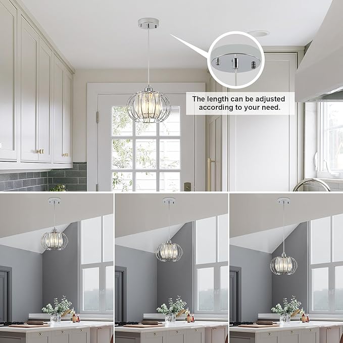 XSDeTu Modern Chrome Pendant Light Fixtures, Mini Crystal Hanging Light Chandelier, Metal Kitchen Island Lighting, Adjustable Pendant Lighting for Kitchen Island, Dining Room, Bedroom, Hallway