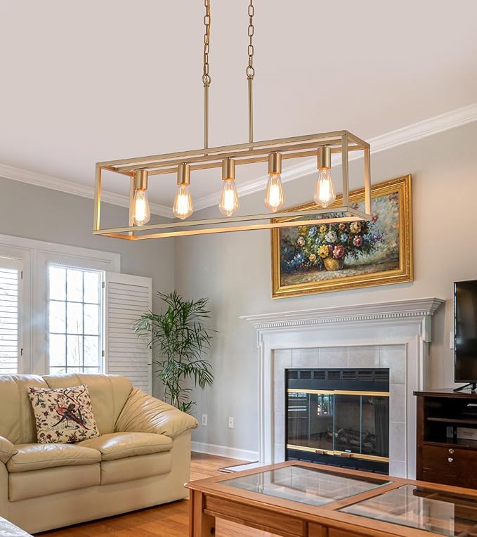 AMZASA Gold Rectangle Kitchen Island Lights Rectangular Modern Industrial Chandelier for Dining Room 5 Lights Linear Vintage Cage Light Fixtures UL Listed
