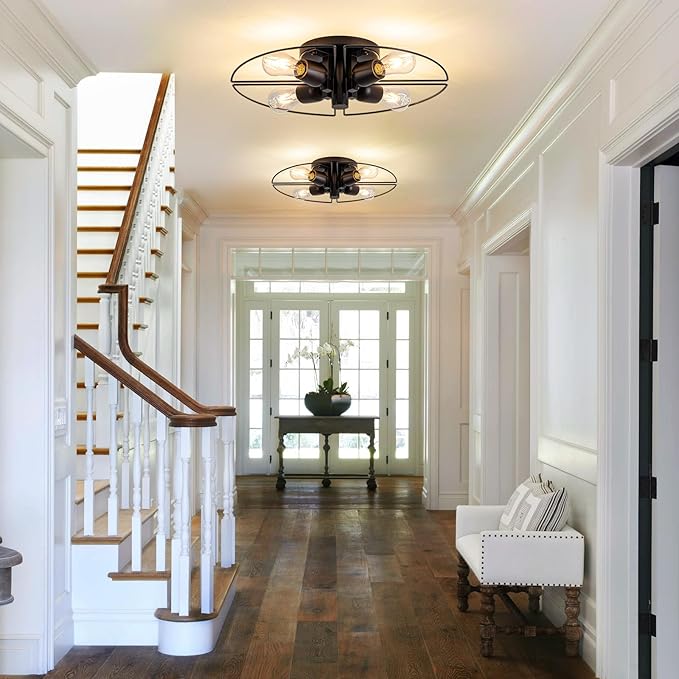 4 Light Sputnik Light Fixture Black Flush Mount Lights Industrial Ceiling Light Wood 21" Modern Farmhouse Ceiling Lights for Kitchen Bedroom Bathroom Foyer Hallway(E26)