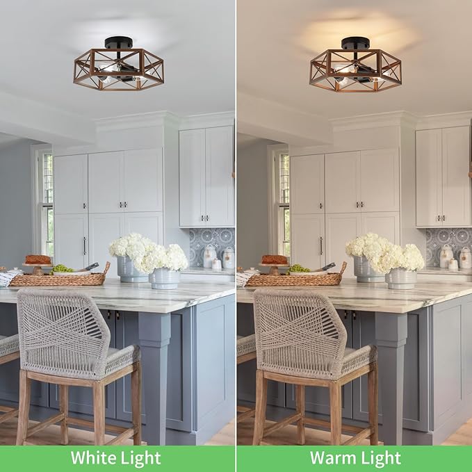 WILON Flush Mount Ceiling Light Fixture for Kitchen - 3 Light Industrial Close to Ceiling Lighting, Bronze Farmhouse Metal Cage Hexagon Lamp for Hallway Kitchen Dining Room Entryway Foyer