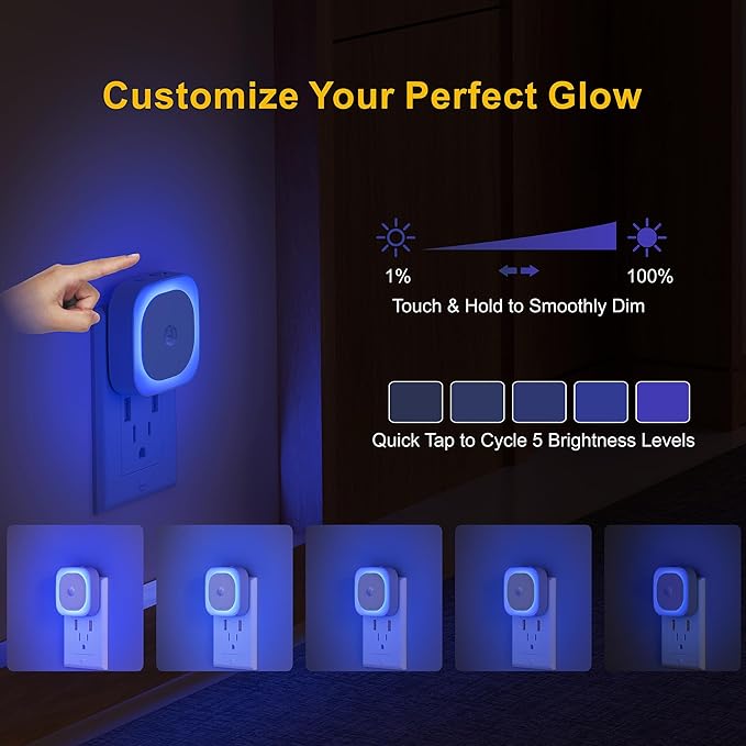 YUNLEX 2 Pack Plug in Night Light with Motion Sensor & Dusk to Dawn Sensor, 3 Sensor Modes, Blue Night Lights Plug into Wall, Dimmable Nightlight for Bathroom, Bedroom, Indoor