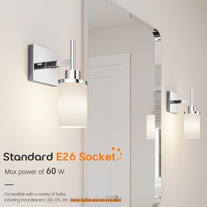 Vanity Lights Polished Chrome Bathroom Light Fixtures with White Frosted Glass Shade, Wall Sconces for Mirror Hallway Entrance, 2 Pack T001CH-L1-P2