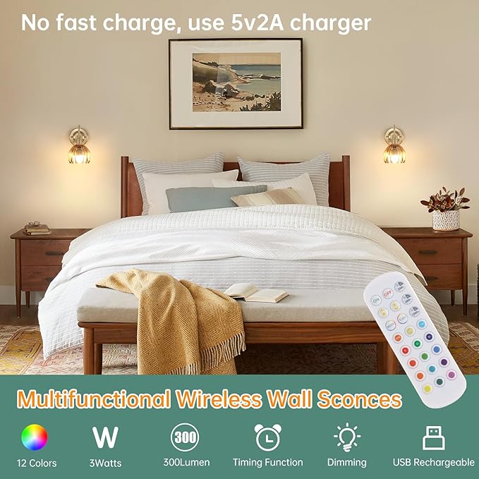 Shenmoyl Vintage Battery Operated Wall Sconce, 5000mAh Rechargeable Wall Light, Indoor Battery Powered Wall Lamp for Bedside Bedroom Living Room, Tulip Amber