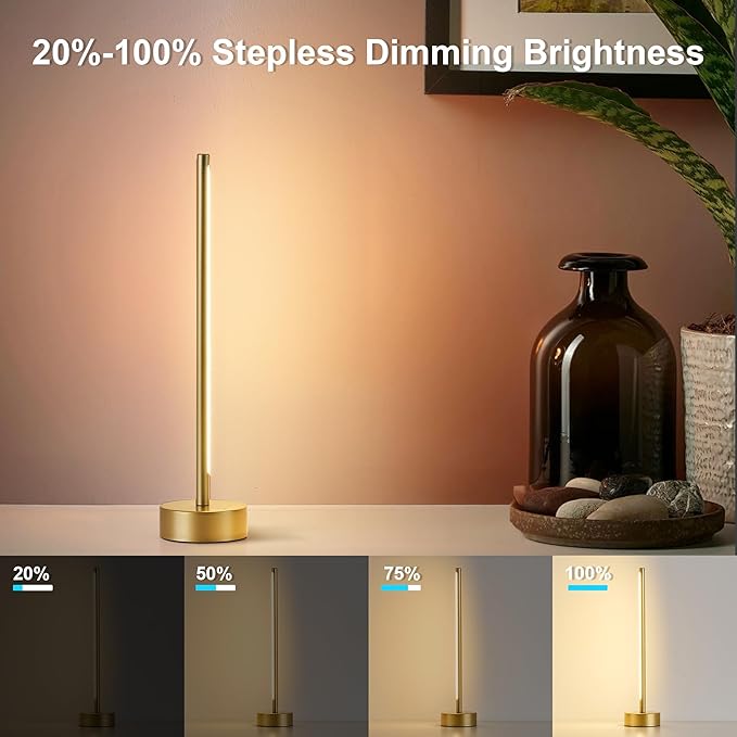 KARTOOSH Cordless LED Table Lamp Set of Two, Battery Operated Portable Desk Lamp,Dimmable/3 Color/Memory Function,Modern Rechargeable Table Light for Living Room,Bedroom,Bedside,Gold, 2 Pack