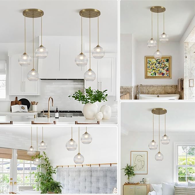 3-Light Pendant Light Fixtures Brushed Gold Kitchen Island Lighting Modern Clear Glass Cluster Pendant Lights Chandelier Adjustable Cord Antique Brass Hanging Light for Dining Room MPL30-3B