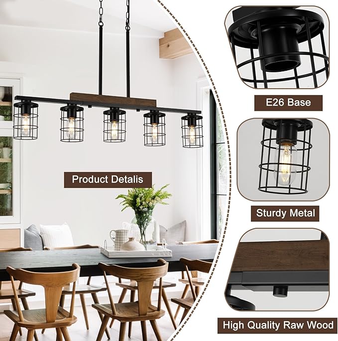 36" Farmhouse Kitchen Light Fixture, Black Hanging Kitchen Chandelier, 5-Light Rustic Dining Room Light Adjustable Height with Wood and Metal Frame, Suit for Farmhouse, Industrial Style