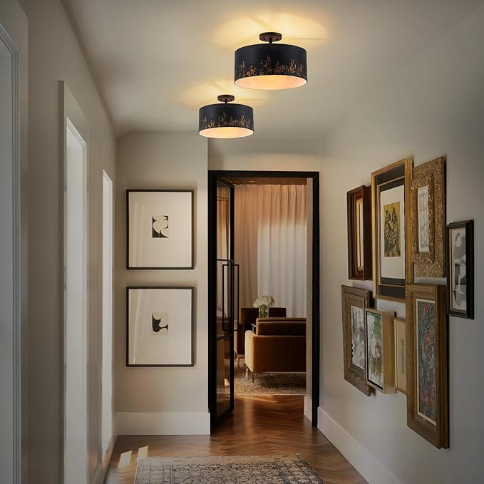 14.96" Modern Vintage Semi Flush Mount Ceiling Light,3-Light Matte Black Ceiling Light Fixture with Hand-Brushed Gold Finish,Dimmable Hallway Light Fixtures for Bedroom,Kitchen,Entryway,Foyer