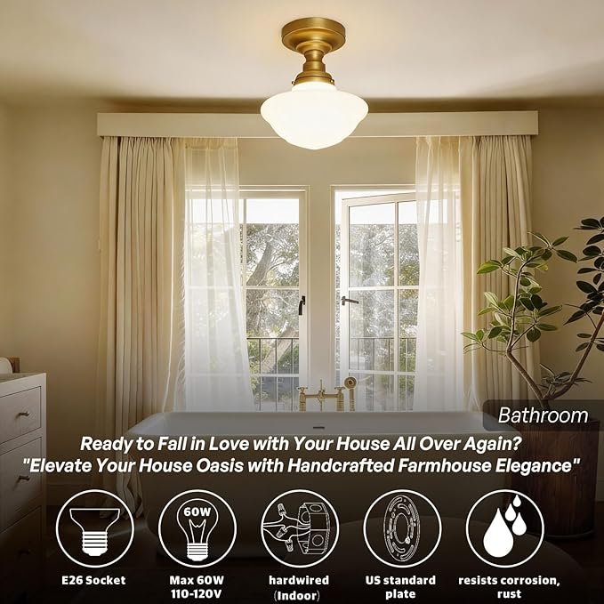 Modern Schoolhouse Semi Flush Mount Ceiling Light with Milk White Glass Lampshade, Industrial Close to Ceiling Light Fixture for Farmhouse Bedroom Hallway Entryway