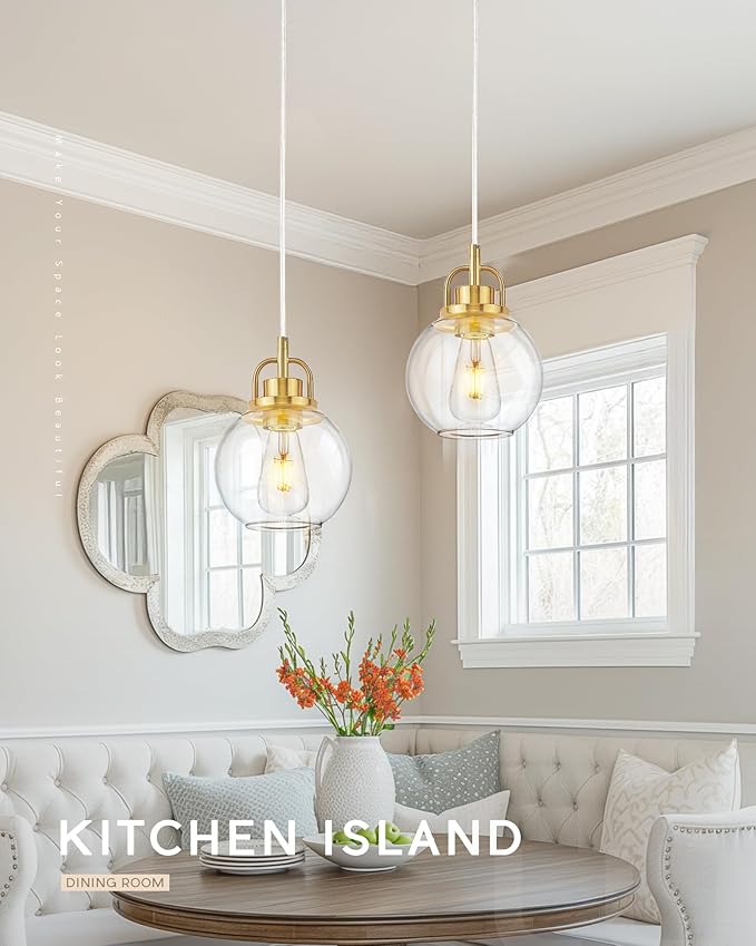 2 Pack Pendant Lights Kitchen Island, 7" Brushed Gold Pendant Light Fixtures Over Island with Globe Clear Glass Shade, Brass Hanging Lights for Dining Room Entryway, PL125-BG-2PK