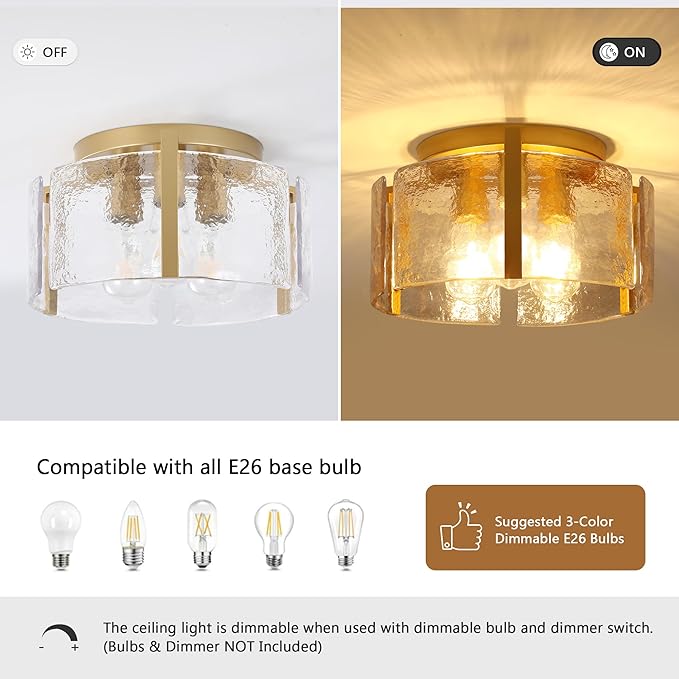Gold Semi Flush Mount Flush Mount Ceiling Light,15''Modern Hallway Light Fixtures Ceiling Mount,3-Light Drum Glass Ceiling Lights for Kitchen Entryway Foyer Dining Room Bedroom Laundry