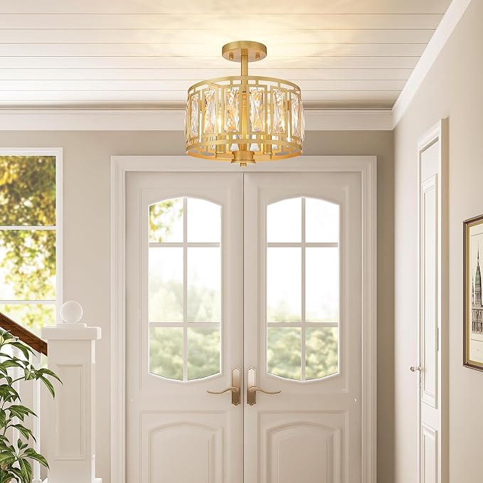 Gold Semi Flush Mount Ceiling Light, 3-Light Modern Brass Ceiling Fixture with K9 Crystals, Bedroom Light Fixture, Semi Flush Mount Ceiling Lights