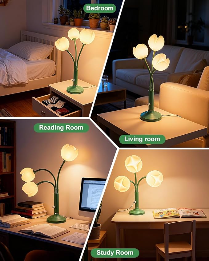 Lightdot 3-Light Tulip Table Lamp Set of 2 with LED Bulbs Included, Dimmable Cute Flower Desk Lamp, Aesthetic Green Floral Nightstand Lamp, Adjustable Gooseneck Bedside Lamp for Bedroom, Living Room