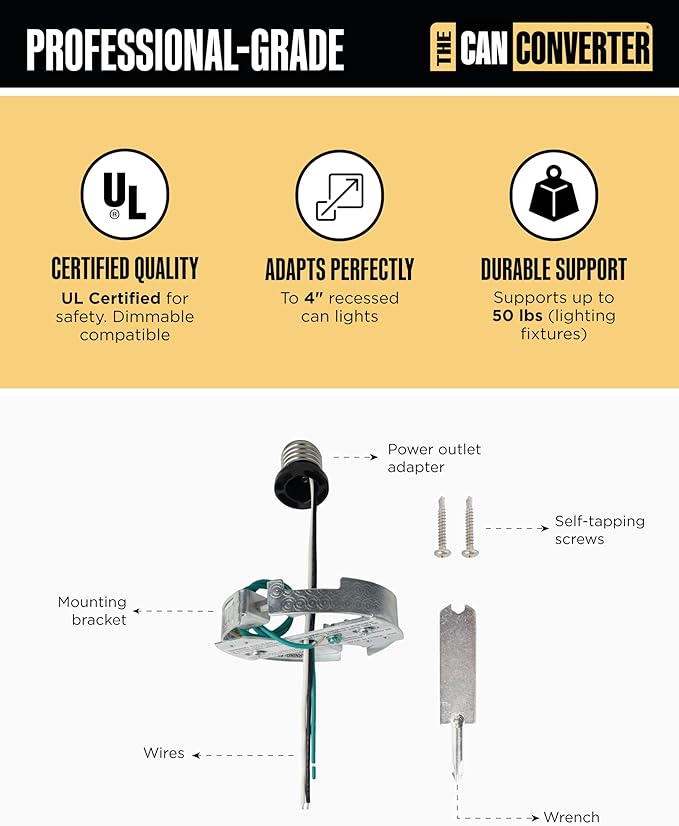 The Can Converter R4 Recessed Can Light Conversion Kit - Home Improvement for 4" Cans, Hardware Converter for Flush Mount Light, Hanging Pendant, & Light Fixture, up to 50 lb Capacity, UL Certified