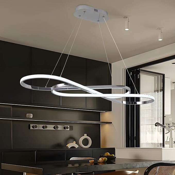 Led Chandeliers for Dining Room,Modern Led Pendant Light Fixture, Dimmable Adjustable Height Music Note Shape Hanging Lamp with Remote Control White Iron Ceiling Light Fixture for Kitchen Island