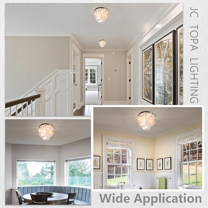 Capiz Flush Mount Ceiling Light, 3-Light Shell Light Fixtures Ceiling Light Fixtures for Living Room, Bedroom, Kitchen Island, Foyer, Entryway, Seashell Coastal, Chrome