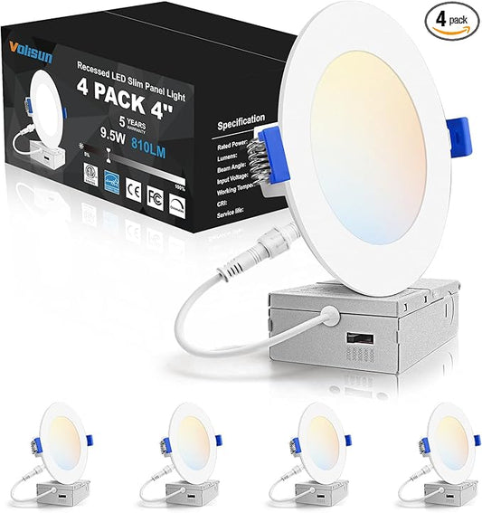 VOLISUN 4 Pack 4 inch Recessed Lighting, 5CCT Ultra-Thin LED Recessed Light with Junction Box, 2700K-5000K Selectable, 810Lumen Dimmable Canless Wafer Downlight, LED Ceiling Light ETL Certificated