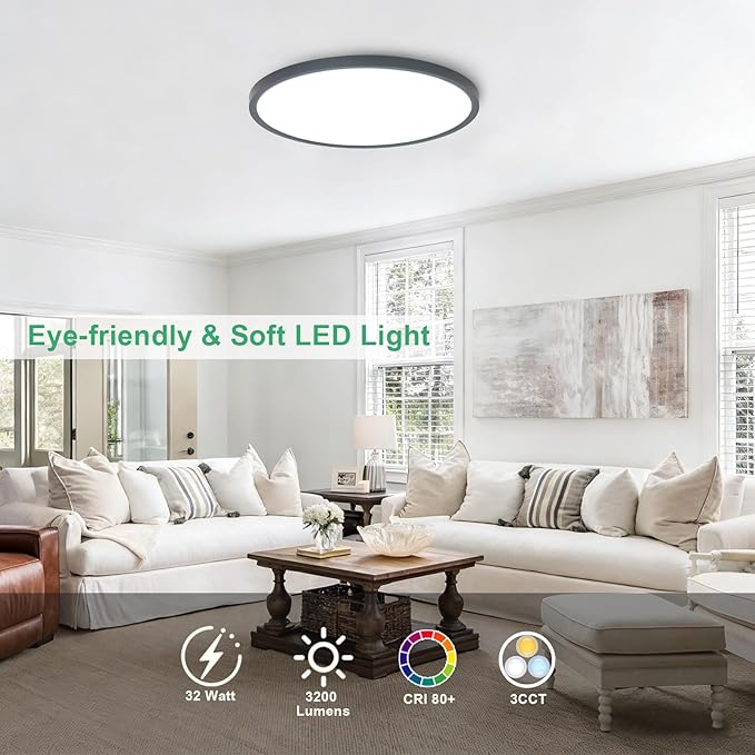 6PK 15.8 Inch LED Flush Mount Ceiling Light Fixture, 32W,3200LM,3000K/4000K/6000K CCT Selectable,0.67 inch Super Slim LED Ceiling Light for Bedroom,Hallway,Kitchen,Black