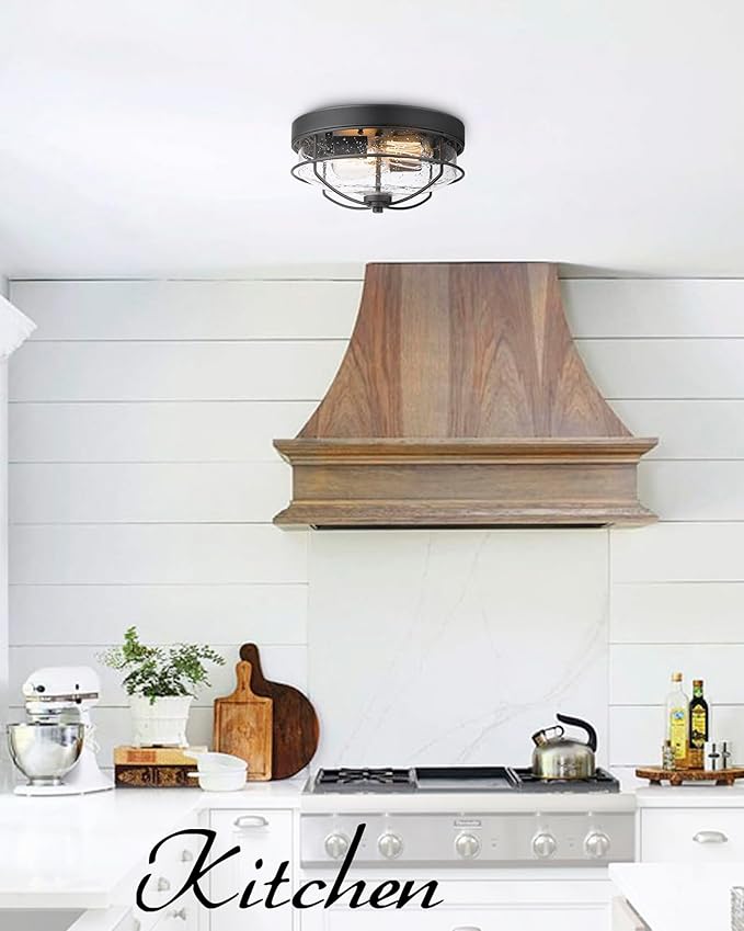 HWH INVESTMENT Flush Mount Ceiling Light Fixtures, 12 inch 2-Light Farmhouse Close to Ceiling Light Fixture with Seeded Glass Shade, Sand Black Finish, 5HTJ7-F BK