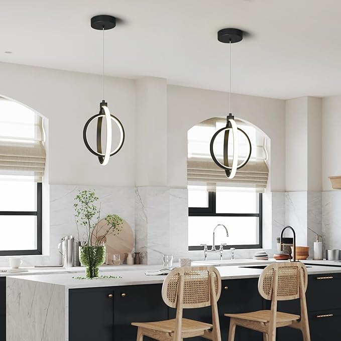 Modern LED Chandelier Black Ring Pendant Light Fixtures 4000K Dimmable Height Adjustable Pendant Lighting for Dining Room Kitchen Island Bedroom Living Room Foyer（2-Pack）