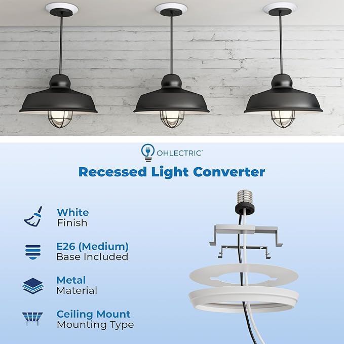 OHLECTRIC Recessed Can Light Conversion Kit to Pendant Lights – Medium Base Converter Compatible with 4”-6” Recessed Can Lights – Ideal for Kitchens, Bedrooms, Offices, and Damp Locations