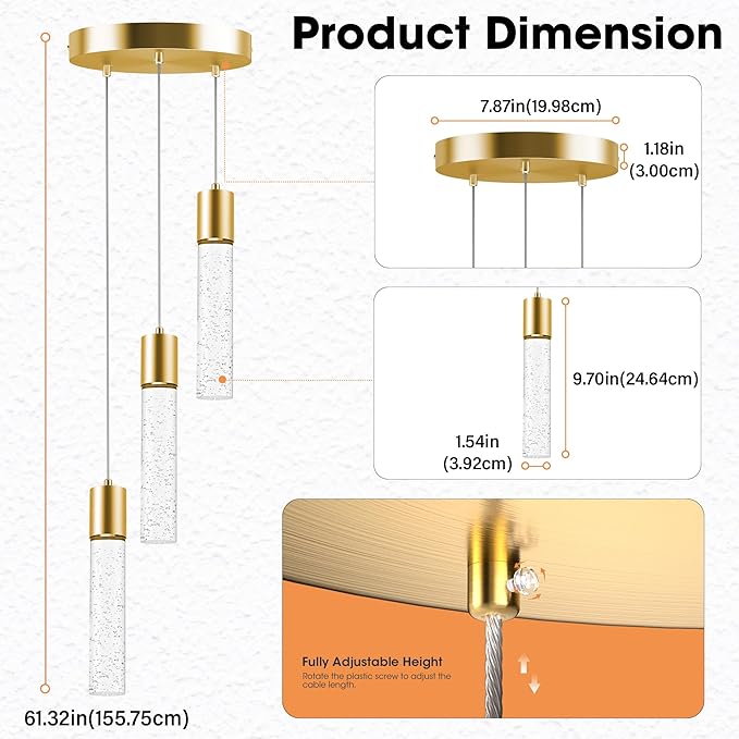 Pendant Lights Kitchen Island, Modern Kitchen Island Lights, Ceiling Lighting Fixtures with Crystal Bubble, Integrated LED Hanging Light Goid 1 Pack(3-Light)