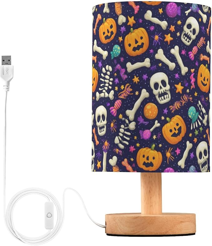 Aslsiy Halloween Bones Candies Pumpkin Bedside Table Lamp Nightstand Lamp Night Light Fabric Shade for Bedroom Living Room Home Office