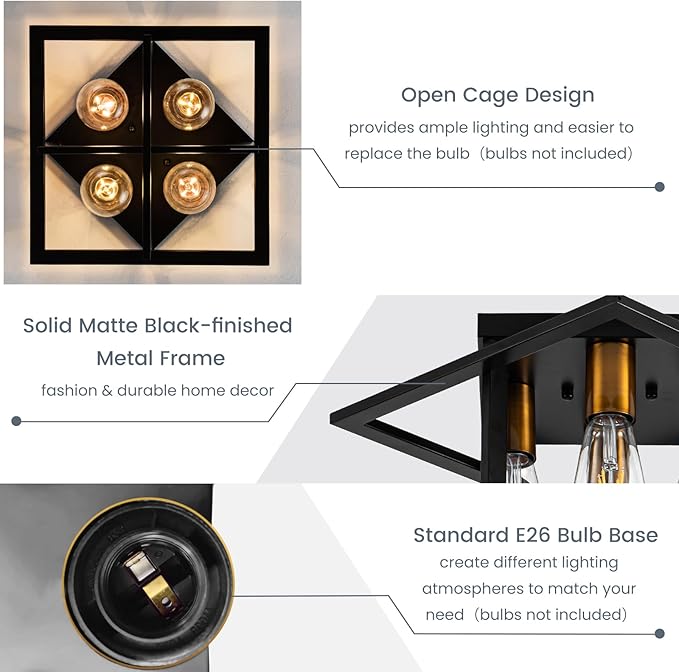 Semi Flush Mount Ceiling Light Fixture, 4 Light Industrial Ceiling Light,Black Frame & Gold Accent, Close to Ceiling Farmhouse Lighting for Kitchen, Bathroom, Bedroom, Hallway (E26,2-Pack)