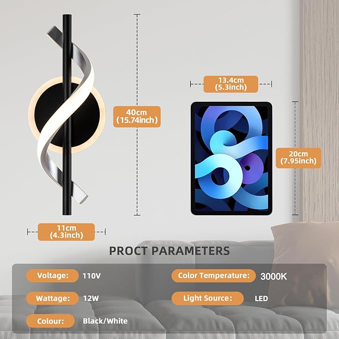 EIDISUNY Black Wall Sconces Sets of 2, 12W Modern Spiral LED Wall Lamp, 3000K Warm White Wall Light Fixture for Stairs Living Room Bedroom Aisle Hallway