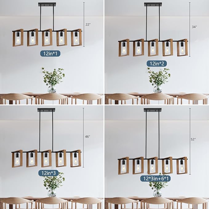 9MMML 41.5" Kitchen Island Lighting,5 Lights Dining Room Light Fixtures, Rustic Farmhouse Height Adjustable Wood Chandeliers for Kitchen, Pool Table Lights, Black Body+Wood Frame,E26.