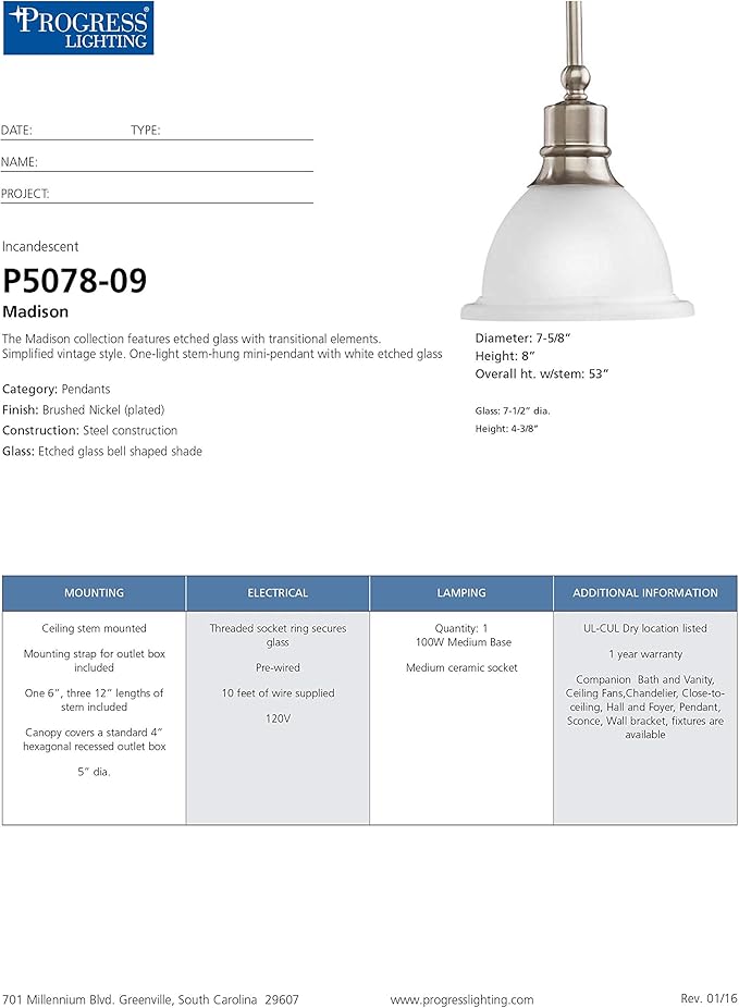 Progress Lighting P5078-09 Madison Pendants, 7-1/2-Inch Diameter x 8-Inch Height, Brushed Nickel