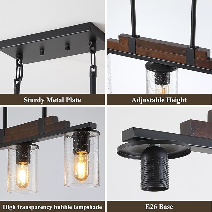 Farmhouse Wood Kitchen Island Lighting, 3-Light Adjustable Chandelier for Dining Room, Seeded Glass Shade Dining Room Light Fixture Over Table, Black Hanging Pendant Lights for Kitchen, Pool Table