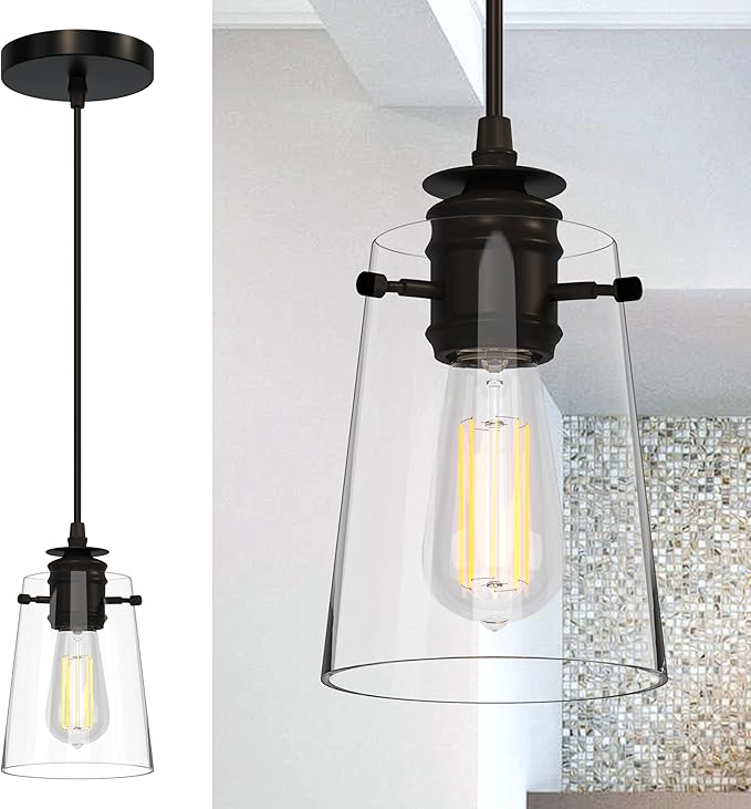 Pendant Lights Kitchen Island, Modern Industrial Pendant Light Fixtures with Glass Shade, E26 Socket Adjustable Cord for Dining Room, Bedroom, Living Room, Farmhouse Pendant Lighting 1Pcs