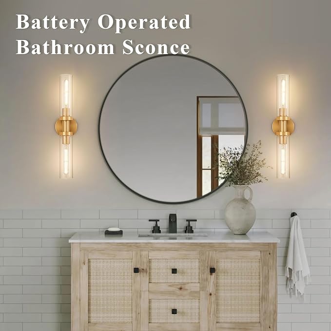 SANTOSTOCK Gold Battery Operated Wall Sconce Set of 2, 12000mAh Rechargeable Wall Lights with Remote Control, Wireless Dimmable Wall Lamps for Bedroom Living Room Bathroom Hallway Stairwell