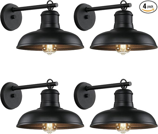 Outdoor Wall Lights - 4-Pack Black Sconces, Farmhouse Barn Lights, Modern Indoor Wall Mount Lighting Fixtures with E26 Socket, Anti-Rust Waterproof Exterior Lantern for Patio Porch Doorway Garage