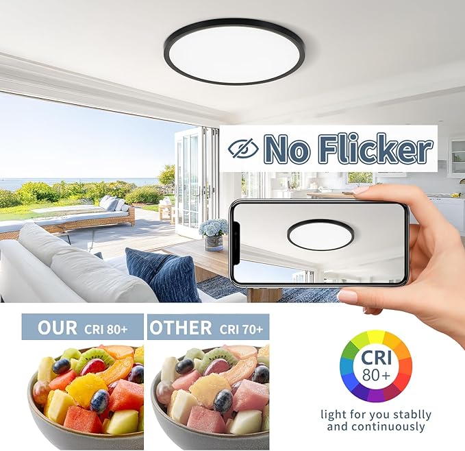 14.9 Inch 6PK LED Flush Mount Ceiling Light, ETL ,32W, 3343LM, 3000K/3500K/4000K/5000K/6500K CCT Selectable, 0.66in Ultra Thin Round Flat Panel Ceiling Light Fixture for Bedroom, Kitchen (Black)