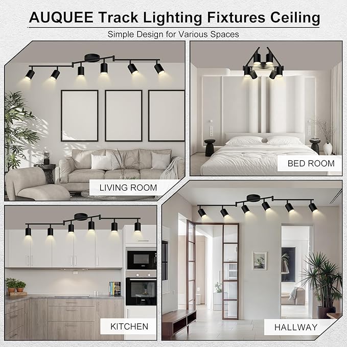 AUQUEE 6 Light Track Lighting Fixtures Ceiling, Matte Black Kichen Track Lighting Fixtures with Rotatable Light Heads, Foldable Lamp Arms, Modern LED Track Lights for Kitchen/Hallway, No GU10 Bulb