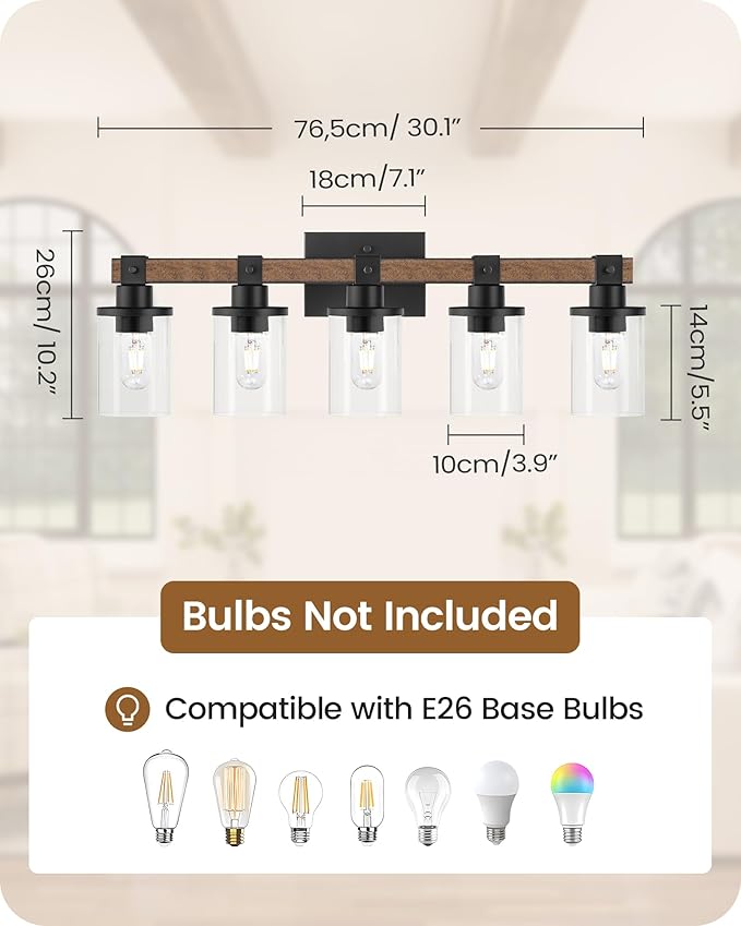 5-Light Bathroom Light Fixture, Farmhouse Vanity Lights for Bathroom with Glass Shade, Rustic Bathroom Light Fixtures, E26 Base F10BD05W1