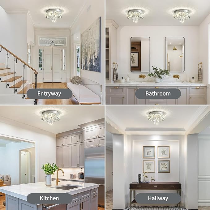 Modern Flush Mount Crystal Chandeliers: 12" Silver Small Ceiling Light LED Dimmable With Remote - Mini Round Semi Chandelier Crystal Foyer Lighting Fixtures For Bedroom Dining Room Entryway Hallway