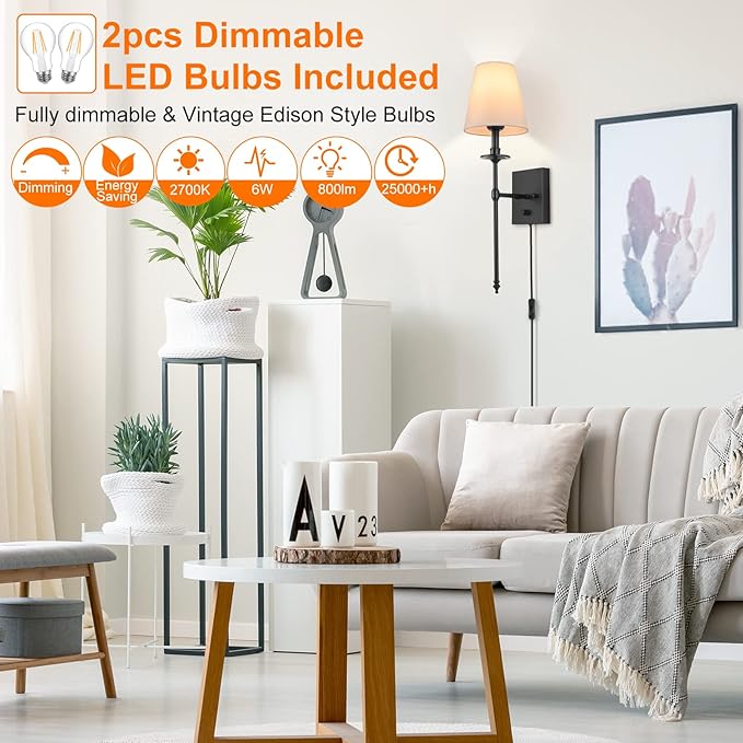 GOODATE Dimmable Wall Sconces Set of Two, Plug in Wall Sconces White Fabric Shade, Wall Lamp for Bedroom, Living Room, Plug in Wall Light Sconces Wall Decor Set of 2, LED Bulbs Included, Black