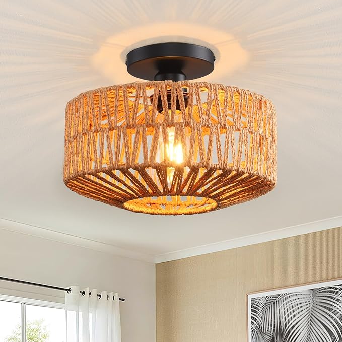 Ceiling Light Fixture,Hand-Woven Rattan Flush Mount Ceiling Light,Farmhouse Light Fixtures Ceiling Mount Boho for Hallway Bedroom Kitchen Entryway Living Room