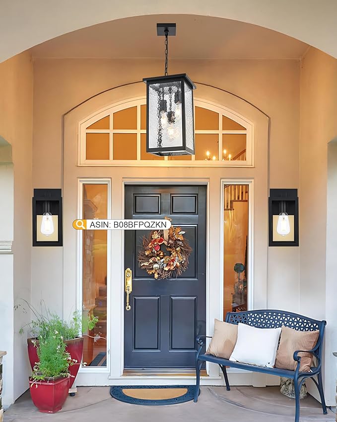 TODOLUZ Large 3-Light Outdoor Pendant Light Fixture, Exterior Hanging Porch Lighting with Hammered Glass, Adjustable Long Chain & E26 Bulb Base