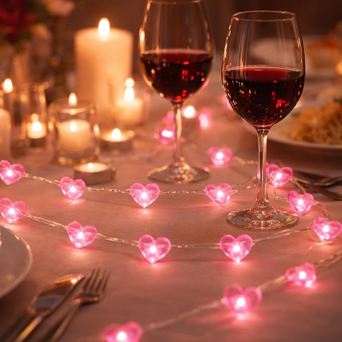 BOHON Valentine Day Decorations, 13 ft 40 LEDs Pink Heart Lights String | Fairy String Lights Battery Operated, Valentine Decor for The Home Indoor Garland Party Galentines Day Decorations Pink
