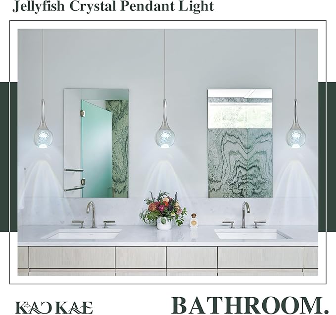 LED Pendant Light Kitchen Island Jellyfish Crystal Pendant Lights Dimmable Chrome Modern Hanging Light for Bedroom Bathroom Living Room 6000K Cool White, 1 Pack