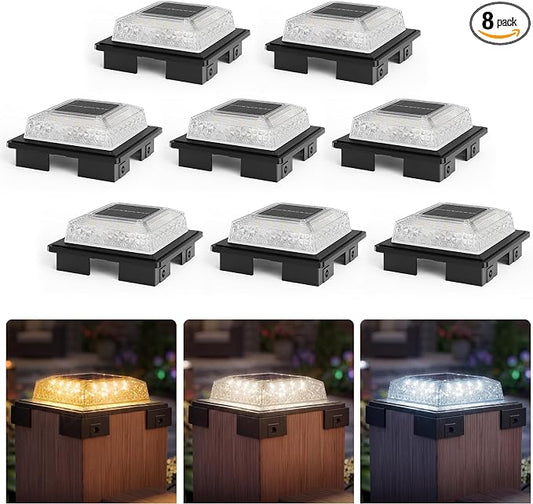 APONUO Solar Post Cap Lights, 3 Color Modes & 2 Brightness, Adjustable Base Fits 4x4 5x5 6x6 Posts (3.5-5.5 Inch), IP65 Waterproof, Deck & Fence Post Lights Solar Powered with Screws, Black, 8 Pack