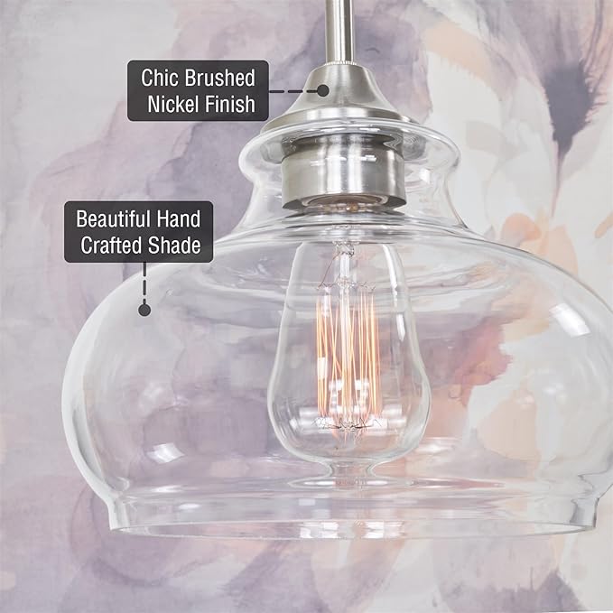 Kira Home Harlow 9" Modern Schoolhouse Pendant Light with Clear Glass Shade, Industrial Farmhouse Silver Hanging Light with Schoolhouse Glass, Brushed Nickel Finish