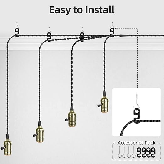 Vintage Plug-in Pendant Light Kit with 1-to-4 Hanging E26/E27 Sockets, Industrial Hanging Light with Individual Rotary Switches, Easy DIY Lighting for Living Room, Patio and Plant Corners, Bronze