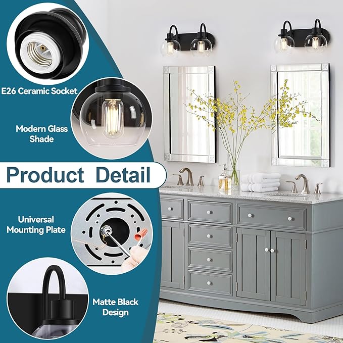 Dpyrrhic Modern 2-Light Vanity Light, Bathroom Lighting Fixture Over Mirror With Clear Glass Shade and Metal Base, Matte Black Wall Mounted for Bathroom