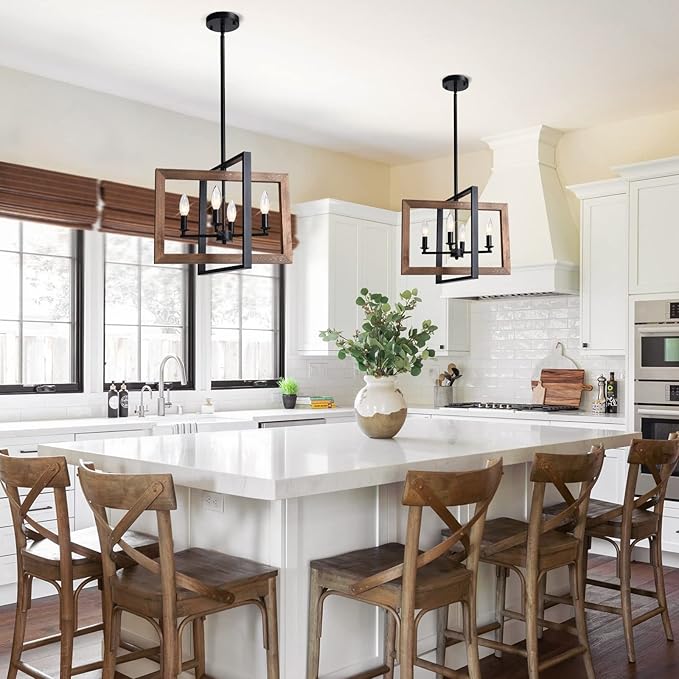 Lingkai Farmhouse Chandelier Rustic Kitchen Island Light Fixture, Industrial Pendant Lighting Fixtures Wood and Metal for Dining Room Pool Table