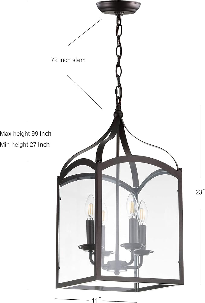 JONATHAN Y 11" Oil Rubbed Bronze 4-Light Traditional Lantern Pendant Light, Metal and Clear Glass Shade, Classic Chandelier for Foyer, Kitchen Island, LED Bulbs Included JYL7403A