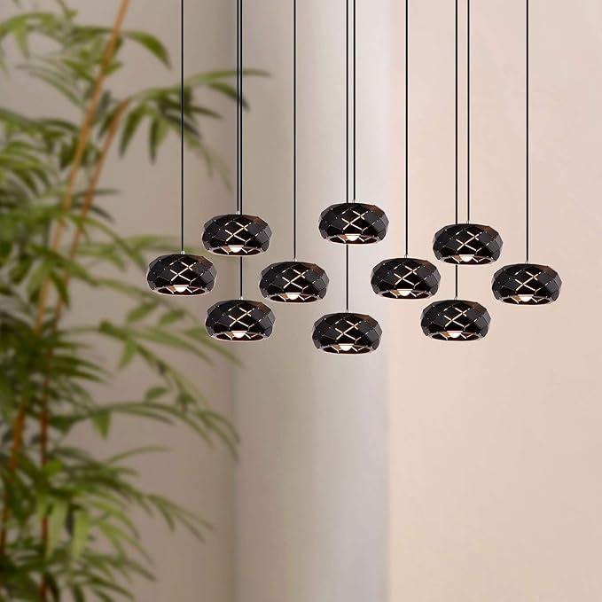 Crust 10 Mini Pendant Lighting Black - LED Hanging Light Fixture for Kitchen Island, Bar, Foyer - Cluster Pendants - Dimmable, Adjustable Wire, Lamp Bulb Included